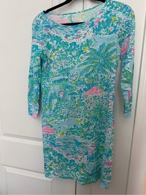 Lilly Pulitzer Aqua Tropical Floral Palm-Print Long Sleeve Dress
